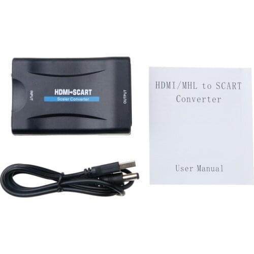 1080P HDMI to SCART Video Audio Upscale Converter AV Signal Adapter HD Receiver with USB Cable for Smartphone HD TV DVD