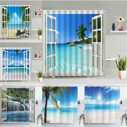 Window Scenery Shower Curtain Ocean Sandy Beach Bathroom Wall Hanging Curtains Blue Sea Sky Scenic Waterproof Screen Home Decor