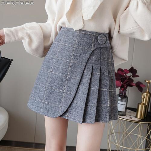 2020 Fashion Streetwear Tartan Woman Skirt Autumn Winter Warm Woolen Jupe Femme Ruffles Plaid Pleated Skirt A-line Mini Saias
