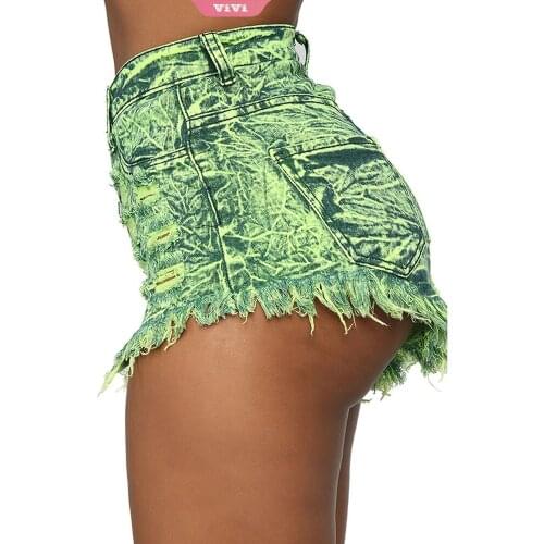 2021 Fashion Street Hip-lifting Slim Jeans Summer Fluorescent Green Ripped Raw Edges Womens Casual Stretch Denim Shorts