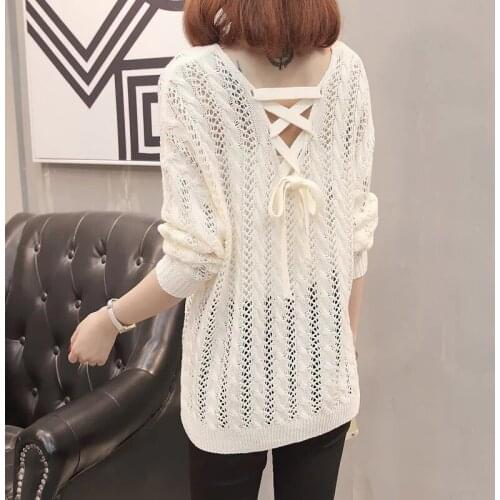 Womens Creamy-white V-neck Long Sleeve Hollow Knit Sweater Female Loose Lace Pullover Ladies Thin Blouse Spring Autumn Sweater