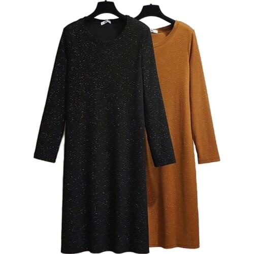 2020 Real shot oversize XXL-6XL shiny knitted dress women spring autumn long sleeve behind hem split pullover sweater dress G842
