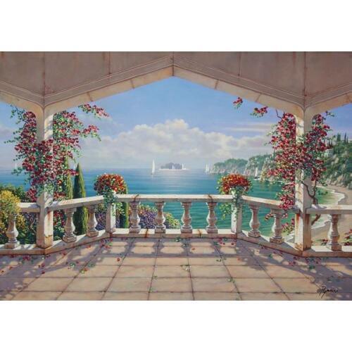 Free shipping Mediterranean sea seascape flower kiosk oil painting canvas prints printed on canvas wall art decoration picture