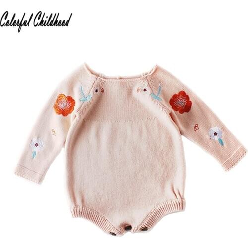 0-24M Infant Knitted-romper Floral embroidery design Sweater jumpsuits for Toddlers Warm girls overalls Newborn onesies