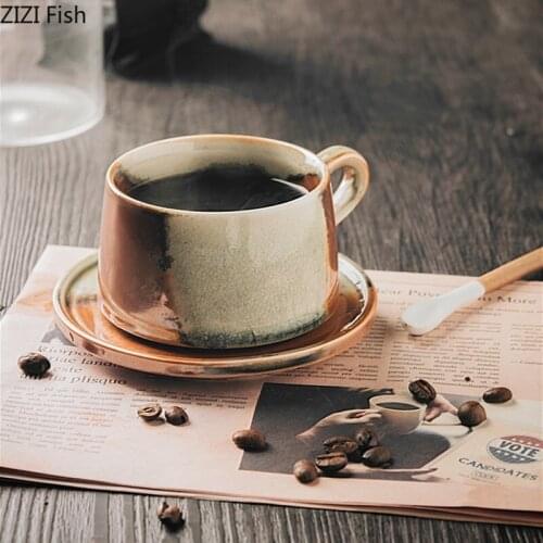 Retro Coarse Pottery Coffee Cup and Saucer Set Office Mug Teacup Coffee Shop Drinkware Mug Japanese-style Home Study Ceramic Mug