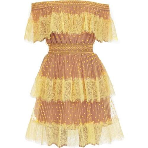 New arrive sweet fashion sexy offer shoulder mini lace dress golden color beach holiday dress