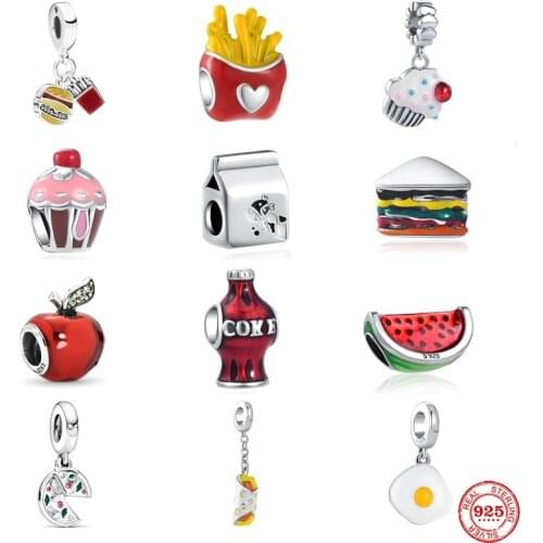 Hot New Style 925 Silver Cake Pendant French Fries Cola Apple Charm Bead Suitable For Original Pandora Bracelet DIY Lady Jewelry