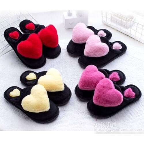 Fur Slides Women Winter Love Heart Cotton Slippers Warm Furry Indoor Home Shoes Ladies Fuffy Flip Flops Zapatos Mujer 2020
