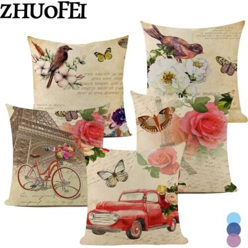 Vintage Style Bike Plant Flower Printed Cushion Cover Linen Pillow Cover Home Decorative Sofa Throw Pillow Case 45*45cm C0001