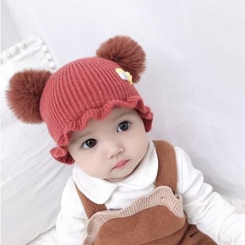 Autumn Winter Warm Baby Double Fur Pom Pom Knitted Hats Infant Newborn Girls Cute Cartoon Beanie Cap Kids Bonnet 0-12 Months