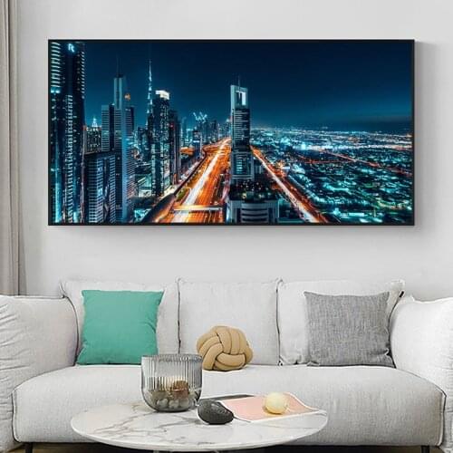 Sheikh Zayed Road Night Lights Scene Posters Prints Middle East Dubai Street Canvas Painting Wall Art Picture for Living Room