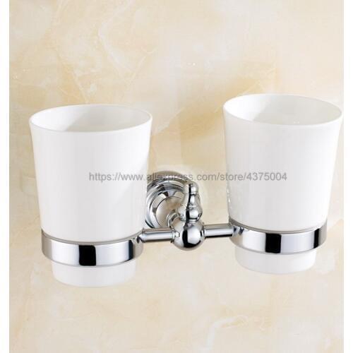 Luxury High Quality Bathroom Polished Chrome Toothbrush Holder + Two Ceramic Cups Nba908