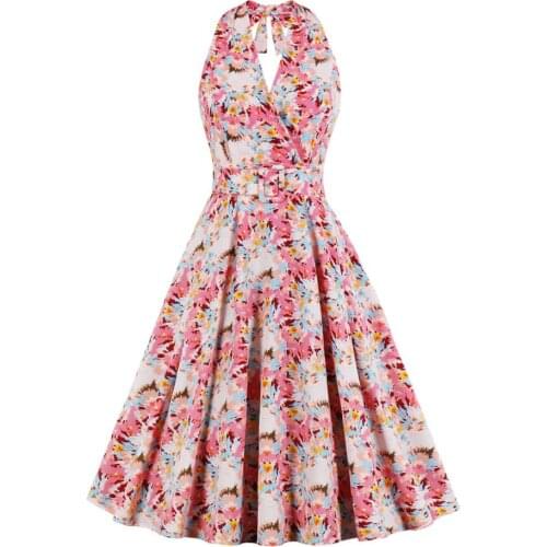 Sexy Backless Halter Print Party Dress 2021 Summer Sleeveless Pin Up Floral Vintage Dress A Line Clothes Women Vestidos Jurken