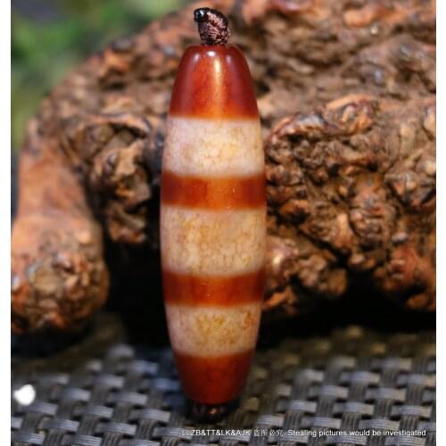 Tibetan Old Red Agate 3 Wide Line Healer Medicine Bucket Shape dZi Bead Pendant LKbrother Talisman UPD210202A4