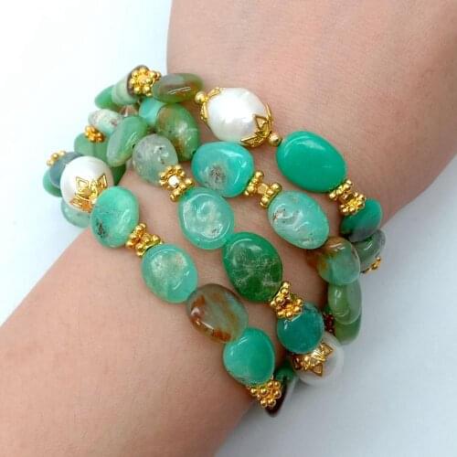 YYGEM Natural 4 Strands Green Chrysoprase Freeform Cultured White Rice Pearl Bracelet 8.5'' magnet clasp for women