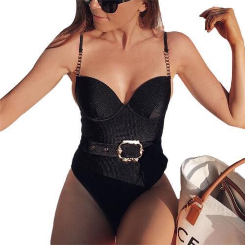 Women Beachwear Solid Bathing Suit One-Piece Swimsuit Push Up Bikini Padded Bra Swimwear 2020 Summer Holiday Fashion Black
