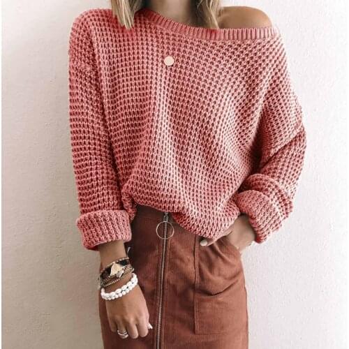 Womens AutumnWinter New 2021 Knitwear Diagonal Collar Long Sleeve Knitted Sweater Solid Color Loose Female Large Size Short Top