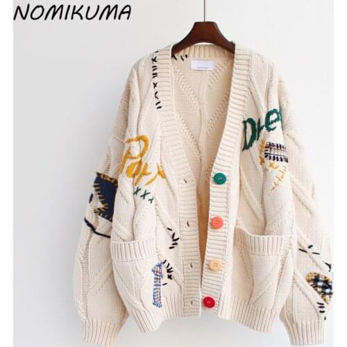 Nomikuma 2021 Autumn Winter Causal Oversize Cardigan Sweater Korean Embroidery Knitted Coat Long Sleeve V-neck Pull Femme 6L842