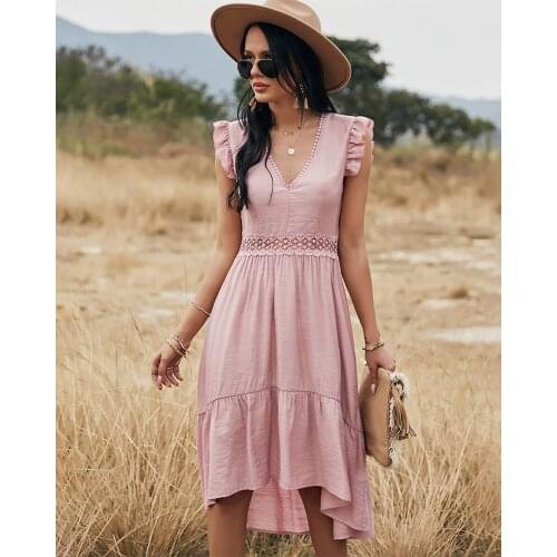 2021 Fashion Short Sleeve Woman Dress Summer Pink V Neck Lace Hollow Out Slim Midi Dresses For Women Casual Elegant Vestidos