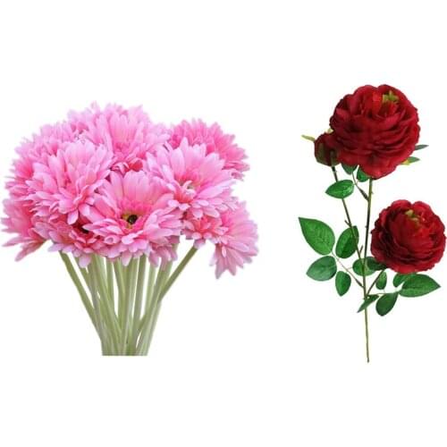 11 Pcs Artificial Silk Flowers Bridal Bouquet: 1 Pcs 3 Heads Peony Bouquet Flowers Fall Vivid Fake Rose Flowers Red & 10 Pcs Art