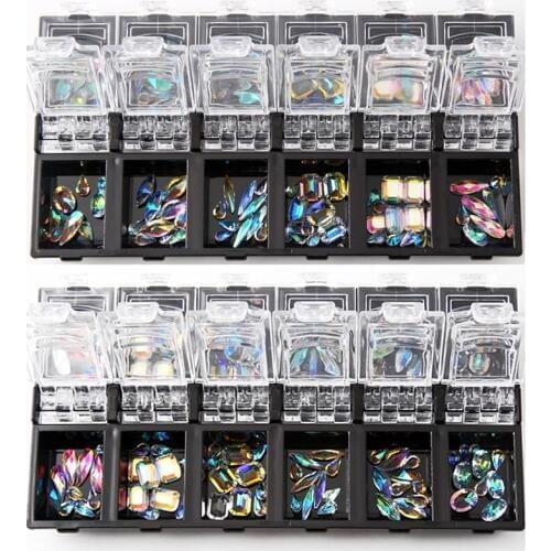 12 Box/Set 3D Nail Art Colorful Clear Crystal Mixed Size Lady Nails Tips Decals Decoration With Storage Box Container