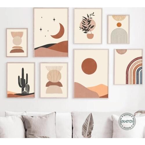 Abstract Sun Moon Desert Cactus Landscape Canvas Painting Boho Geometric Posters Wall Art Picture Modern Home Decoration