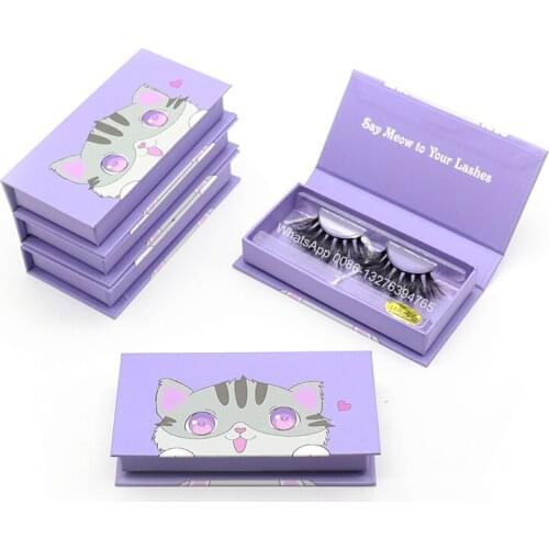 Purple Cartoons Cat Eyelash Box Mink Lashes Dramatic Fluffy 25mm Long Eyelashes Custom Private Label Eyelash Packaging Box