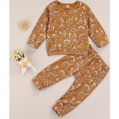 FOCUSNORM Autumn Toddler Baby Boys 2pcs Clothes Sets Dinosaur Print Long Sleeve Pullover Tops Trousers Pants 0-4Y