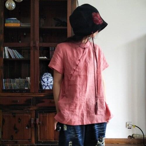 Johnature Women Pink Shirts And Blouses Stand Short Sleeve 2021 Summer New Ramie Button Vintage Tops Casual Quality Shirts