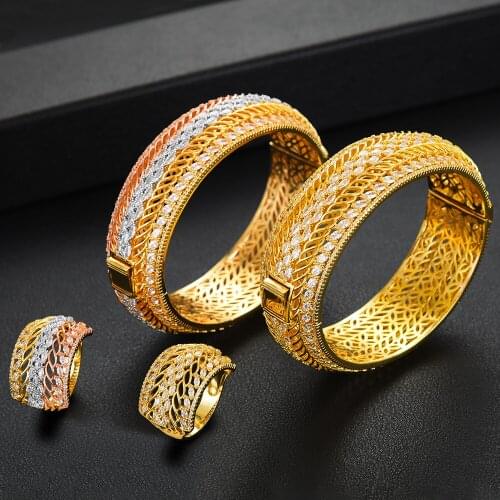 KellyBola New Luxury Wide 2Pcs Bangle Ring Clear Cubic Zirconia Noble Wedding Rings for Women Shiny Stone Party Wedding Jewelry