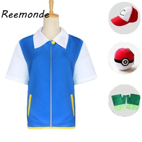 Anime Ash Ketchum Cosplay Costumes Jacket Gloves Hats Caps Pocket Monster Ash Ketchum Ball Full Set Boys Girls Clothing