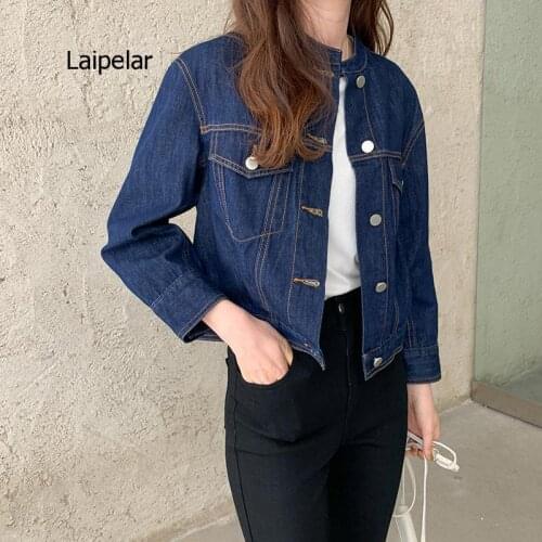 Womens Dark Blue Washed Denim Jacket New Retro Long-sleeved Short Jacket Fashion All-match Stand-up Collar Denim Jacket