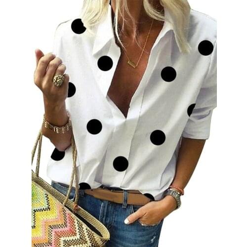 2020 Fashion Office Lady Turn Down Collar Long Sleeve Polka Dots Print Shirt Casual Blouse