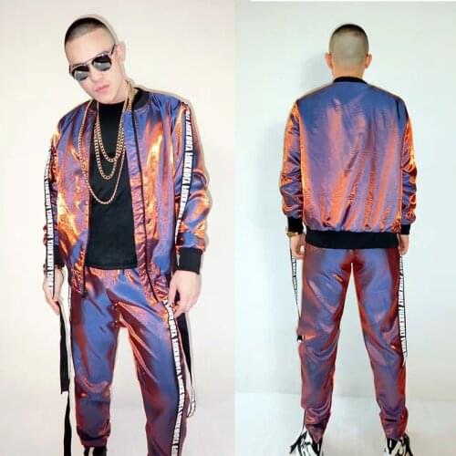 Sparkly Colorful Purple Suit Gold Letter Top Mens Jacket Pants Male Band Hip Hop Jazz Party Clothing Stage Clubwear XS2438