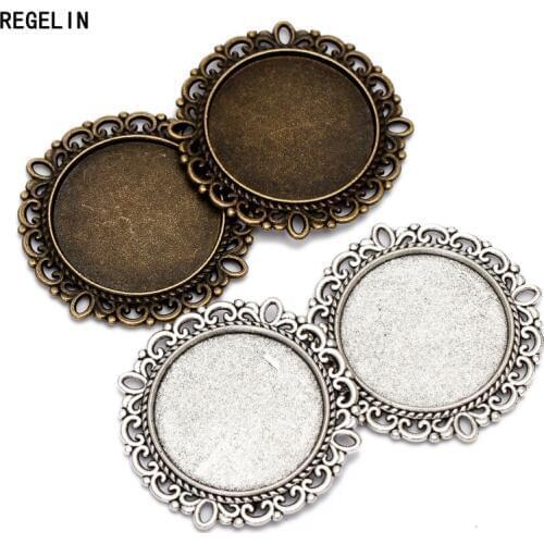 REGELIN New 10pcs/lot Inner size 25mm Antique Bronze Double Lace base Pendant Setting Fit Cabochon Tray DIY Jewelry Findings