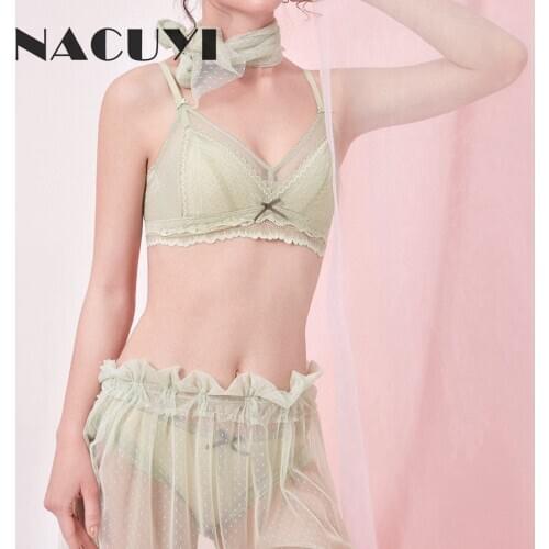 NACUYI-Womens Lace Bra Set Comfortable Push Up Underwear Sexy mesh Lingeries Light Green bralette Without Underwire