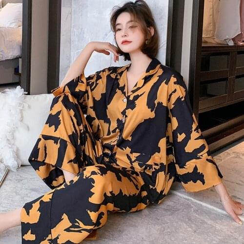 2021 New Pyjamas Loungewear Sleepwear Silk Womens Home Clothes Two Piece Sets Nighty for Ladies Long Sleeve Sleeping Shirt