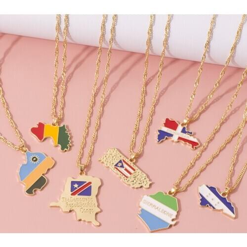 Fashion New Necklace Choker All Countries World Map Pendant for Women Ghana Jamaica Congo Enamel National Jewelry Gift