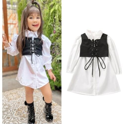 FOCUSNORM 2pcs Fashion Kids Girls Dress Solid Color Lapel Long Sleeves Shirt Dress + Tied Cross Straps Waistcoat 1-6 Years