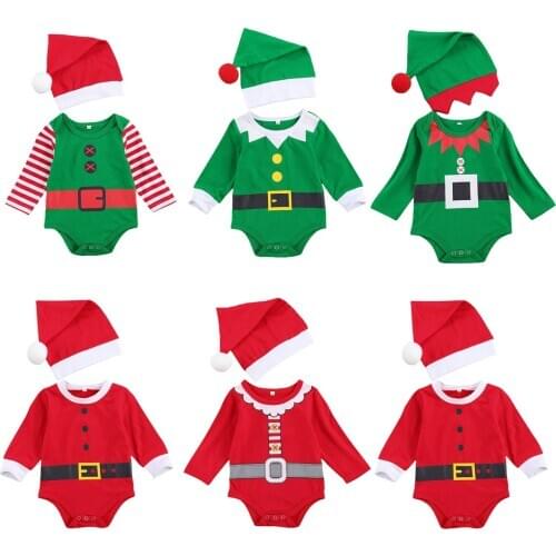 Christmas 0-12M Newborn Baby Girls Boys Party Bodysuits Hats 2pcs Long Sleeve Cotton Jumpsuits Outfits
