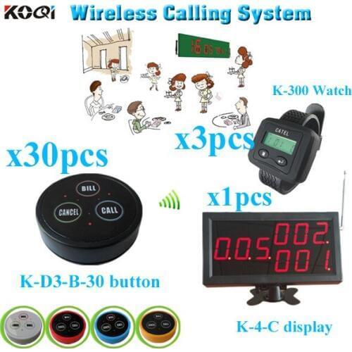 T Customer Call System Restaurant with monitor bell button watch pager (1 display receiver+ 2 watch +30 table bell button)