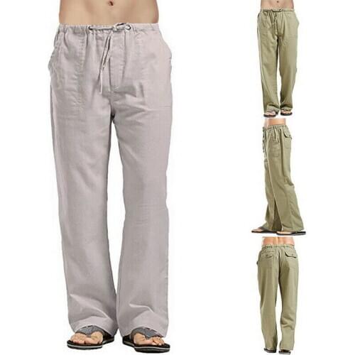 Loose Cotton Linen Trousers Casual Mens Drawstring Straight Solid Pants