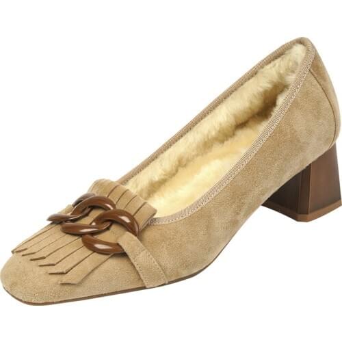 Womens natural suede leather thick high heel wool inside winter snow pumps round toe chain fringe decoration OL dress shoes hot