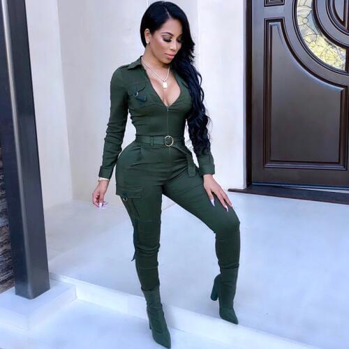 Female Cargo Military Jumpsuit Zip Long Pants Belt Tight Overalls Harajuku Women Trendy Skinny Romper Army Green Winter Outfits
