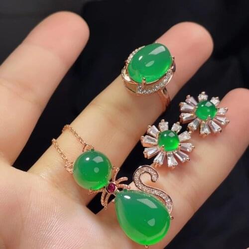 LETSFUN 3pcs S925 Sterling Silver Natural Jade Gemstone Necklace Earrings Ring Women Jewelry Set luxurious