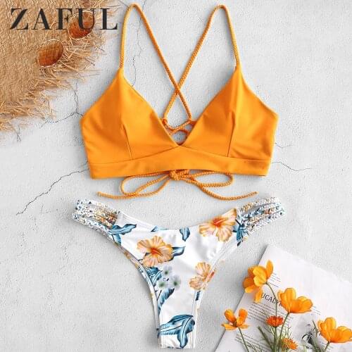 ZAFUL Lace Up Braided Flower Bikini Set Criss-Cross Spaghetti Straps Swimwear Low Waisted Padded Sexy Swimsuit Bathing Suit