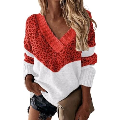 Women Sweater 2021 Color Block Leopard Pattern Autumn Winter V Neck Patchwork Knitted Sweater Top Streetwear