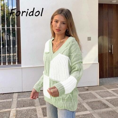 2021 Patchwork Oversized Knitted Sweater Pullover Women Vintage V Neck Long Sleeve Contrast Twist Female Knitted Tops Jumper