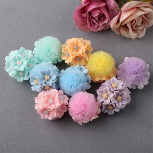 Newest 20PCS Round Acrylic Flowers Chiffon Floral Balls Craft Fit Girls Hair Jewelry Garment Shoes Handbag Ornament Patch Stick