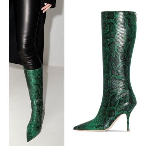 2021 New Green Serpentine Autumn Winter Long Boots Womens Shoes Stiletto Heel Tip Back zipper Fashion Women Boots Big Size33-46
